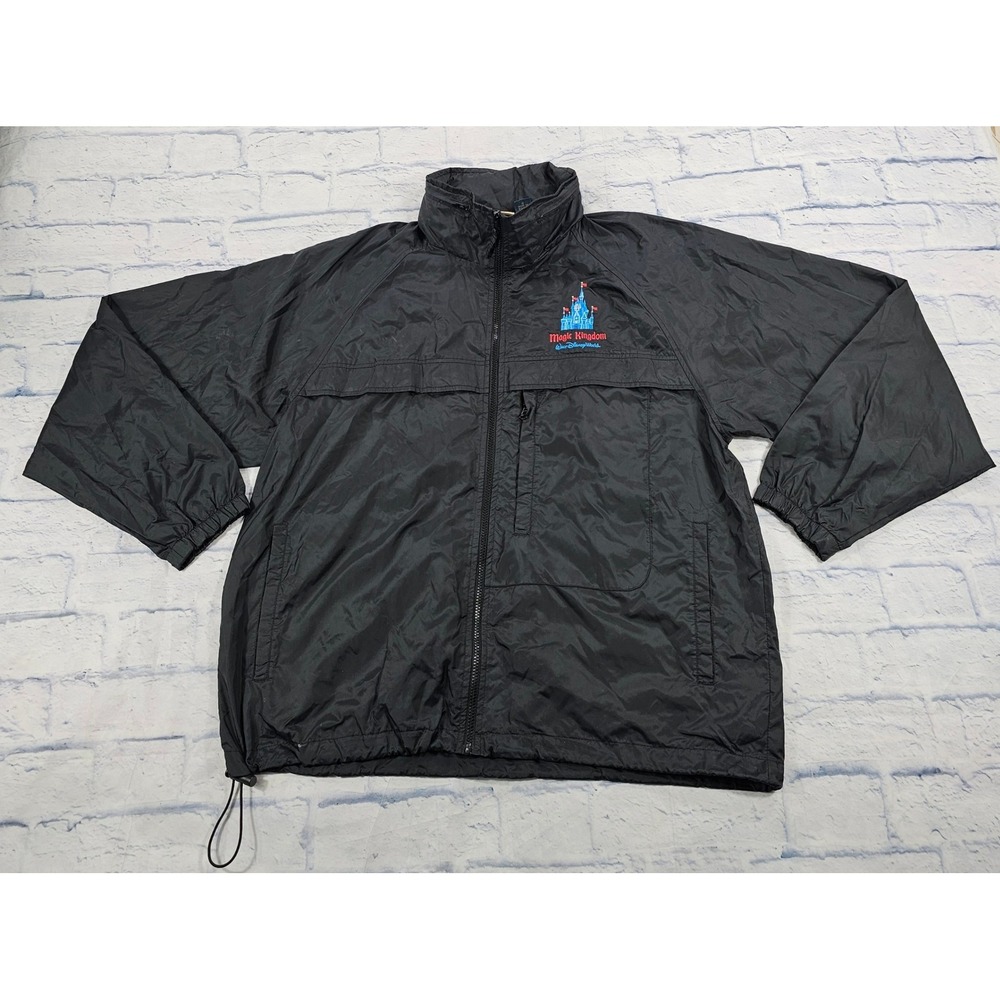 Disney World Windbreaker Jacket Mens L Black Magic Kingdom Hooded Zip VINTAGE
